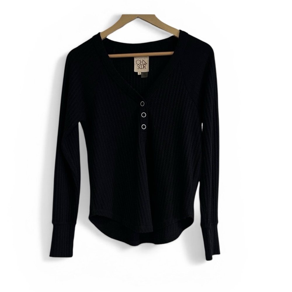 Chaser Brand Ribbed Waffle Knit Henley Top Black Fitted Long Sleeve Size S